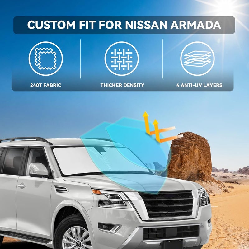 ZOIBV for Nissan Armada 2017-2024 2025 Windshield Sun Shade - 4 Layers Car Sunshades for Front Windows Shade Cover Custom for Armada Sun Visor 240T Retractable Shade Blocks UV Rays Car Accessories - Image 2